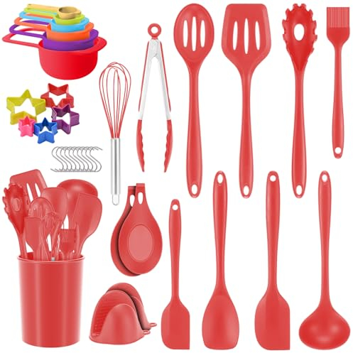 Set di utensili da cucina in silicone, 36 pezzi, resistente al calore, supporto incluso, set di coltelli da cucina rosso, utensili per cottura antiaderenti