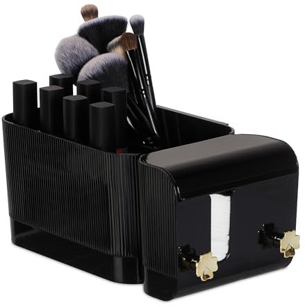 Relaxdays Kosmetik Organizer, 4 Fächer und 2 Haken, Wattestäbchenbehälter, Klebe-Wandmontage, Kunststoff, schwarz/Gold