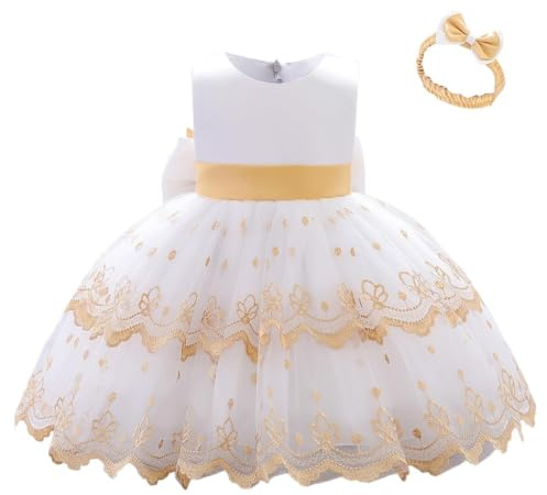 Lito Angels Vestito Damigella Abito da Festa Cerimonia Natale Elegante con Fascia per Bimba Taglia 6-12 Mesi, Bianco (Etichetta in Tessuto 70)