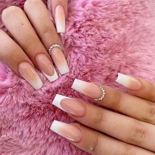 24 Pezzi Kit Unghie Finte a Bara, Francese Bara Unghie Finte Acrilico Lucido di Cristallo Artificiale Premere Balletto Donne Ragazze Media Lunghezza per Decorazione Nail Art Fai Da