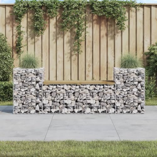 CINDERFUL Panca da Giardino Design Gabbione 183x41x60,5cm Pino Impregnato,Panchina da Giardino in Legno Impregnato, con Fioriere e Base in Cesto Gabbieone, e per Esterni