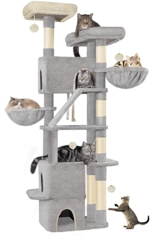 Hzuaneri Kratzbaum Groß, 185cm Katzenbaum mit 6 Kratzsäulen, 3 Höhlen, 2 Aussichtsplattform, 2 Korb, 4 Plüschbälle, Mehrstöckiger Katzenkratzbaum, Hellgrau MS18818LG