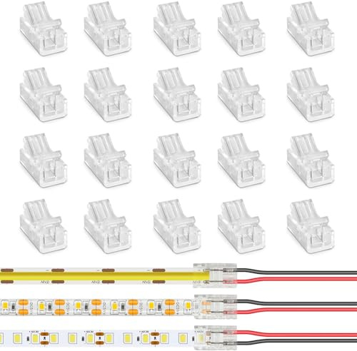 JDCMEI 20 Piezas Conectores COB de 2 Pines 8 mm, Conector Rápido para Luces de Cinta, Extensión de Tiras COB/SMD