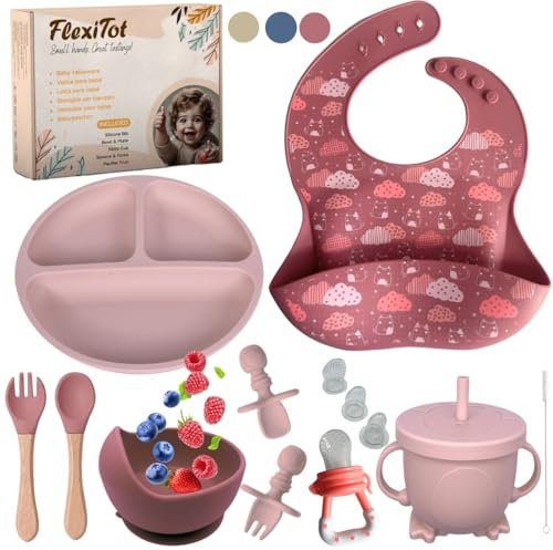 FlexiTot | Coffret Repas Bebe | Assiette Ventouse pour Bébé | Couverts Bébés | Bavoir et Bol | Tasse | Cadeau Grignoteuse Bébé | Vaisselle Bebe Sans BPA | Dans un Coffret Cadeau (Rose)
