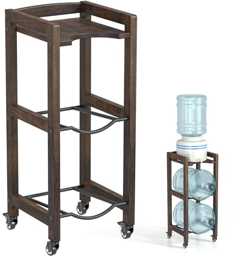3-Tier 5 Gallon Water Jug Holder with Top Shelf 4 Metal Wheels or Adjustable Feet Natural Hardwood Water Dispenser Floor Stand Wooden Organizer for Kitchen, Office, Garage Space-Saving Design