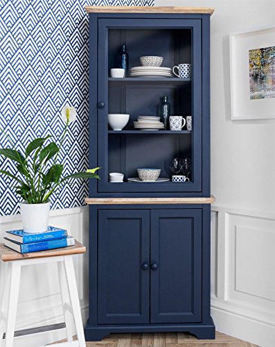 Vitrina de esquina azul marino con puerta de cristal y armario montado elegante tocador de esquina para decoración del hogar.