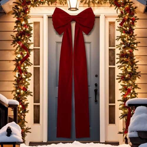 Knitgrip Extra Large Christmas Front Door Bow Decorations 27 x 78 Inch Giant Velvet Christmas Tree Topper Bow with Long Streamers Wreath Wall Decor for Home Xmas Room Holiday Porch(Burgundy)