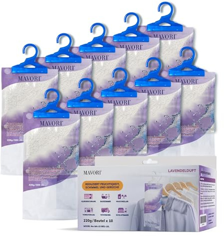 MAVORI Set 10 deumidificatori XL da appendere | deumidificatori a sacchetti | deumidificatore da armadio e assorbiumidità per ambienti contro umidità, fino a 500 ml per sacchetto (Profumo di lavanda)