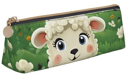 LHDGBNV Estuche de cuero para lápices, elegante estuche delgado con cremallera, bonito estuche de maquillaje de ovejas de dibujos animados para el trabajo y la oficina