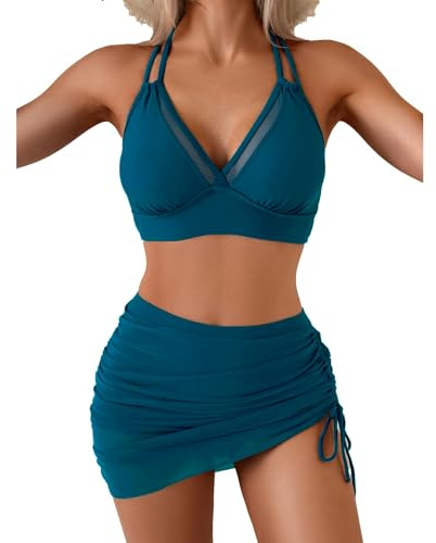 SYKT Bikini de Dos Piezas con Falda para Mujer – Alto, con Control de Vientre y Detalles en Malla, Conjunto de baño Femenino Estilo túnica
