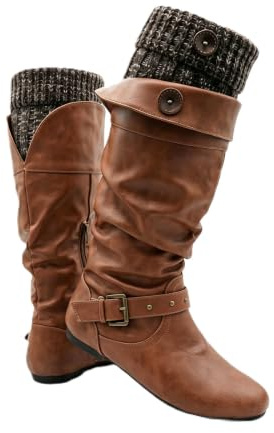 Slouchy rynkade knähöga stövlar för kvinnor platta western cowboy ridstövlar, Stickad Pu brun, 39.5 EU | med spänne nit rem dekor vardagliga höga vinterstövlar för semester fest shopping gatustil födelsedag