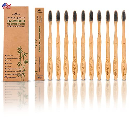 Bamboo Aesthetic Toothbrush Wood Set of 10 | Ultra Soft Bristles | Black Charcoal Infused | American Brand | Upgrade Hygiene & Reduce Waste | Brushes Teeth Care | Earth Friendly | Plant Based