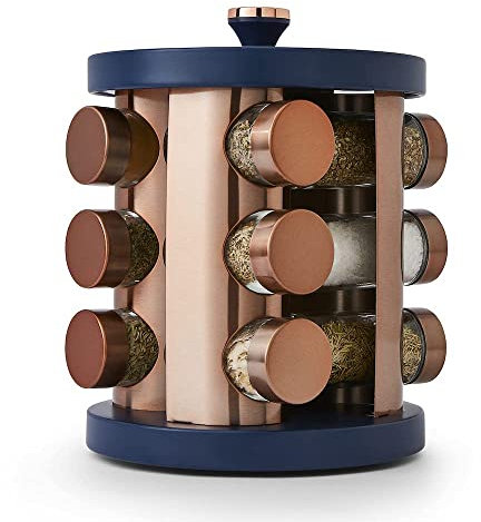 Tower T826022MNB Cavaletto 12 Jar Rotating Spice Rack with Pre-Filled Spices, Midnight Blue and Rose Gold