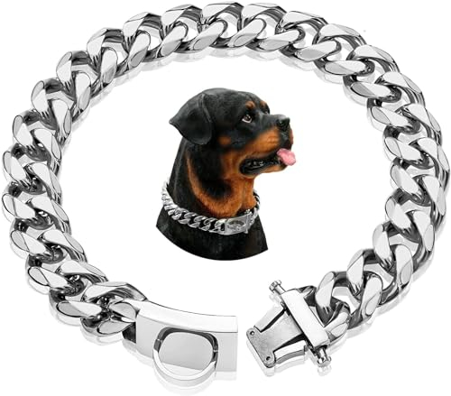 Esenlong Hunde-Kettenhalsbänder, Silberne Hundekette, 15 mm breit, kubanische Gliederkette, Halsband mit Metallschnalle, D-Ring, Welpenkostüm