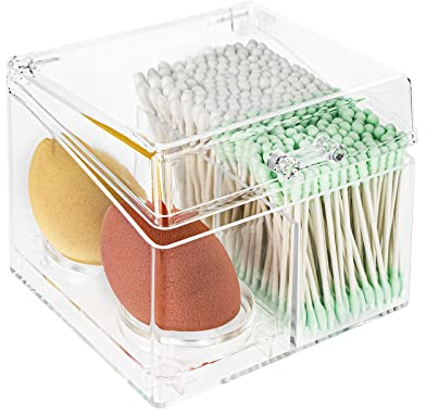 Linkidea Clear Qtip Halter mit Deckel und Abnehmbarer Beauty Egg Tray, 3 Fach Wattepad-Behälter für Wattestäbchen, Make-Up Pads, Kosmetik