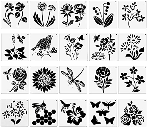 20 Stücke Schablonen Textilgestaltung,RUNEAY Blätter Blumen Schablonen zum Malen Wiederverwendbare Kunststoff Malschablonen für DIY Malen auf Holz Wand Leinwand(5 x 5 zoll)