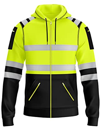 mymixtrendz Sweat à capuche haute visibilité à fermeture éclair pour homme avec plusieurs poches à fermeture éclair et bande réfléchissante haute visibilité S-2XL, Jaune Noir 8, M