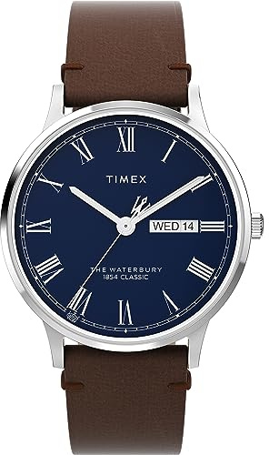 Timex Waterbury Herren-Armbanduhr, 40 mm, braunes, zweiteiliges Lederarmband mit Schnellverschluss, blaues Zifferblatt, Edelstahlgehäuse TW2W14900