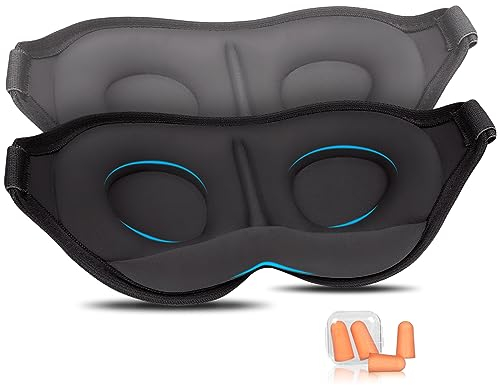 Aosun 2024 Schlafmaske für Seitenschläfer, 2er-Pack, Verbesserte 3D Schlafbrille Schlafmasken für Frauen & Herren, 100% Lichtblockierende Augenmaske mit Verstellbarem Elastisch & Ohrstöpsel für Reisen