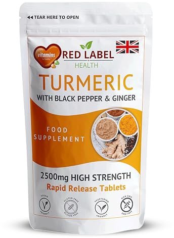 Red Label Health Turmeric Tablets 2620 mg with Black Pepper & Ginger, 365 Count (1 Year Supply) High Strength Curcumin Supplements, Not Turmeric Capsules, Vegan and Gluten Free, UK Made