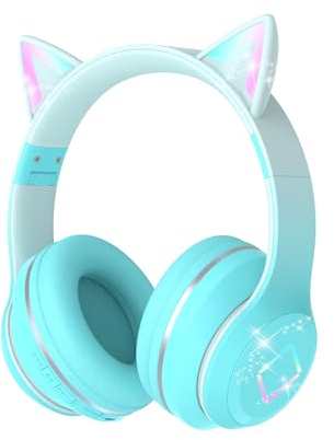 Xunpuls Cuffie Bluetooth per Bambini, Senza-Fili Cuffie Over-Ear, Con orecchie LED, Pieghevole, Con Microfono, Micro SD/TF, HD Stereo, Cuffie ragazze orecchie gatto per scuola/scrivania/PC/TV(verde)