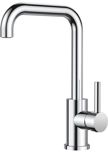 FORIOUS Rubinetto Lavello Cucina, Miscelatore Cucina Girevole a 360°, Forma di L Monocomando Acciaio Inox con 1 Foro, Cromo Lucido
