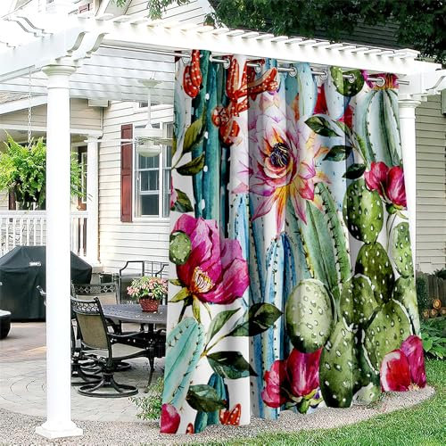 Hiseng 1 Stück Outdoor Vorhänge Wetterfest mit Ösen Outdoorvorhänge 3D Kaktus-Blumen Muster Blickdicht Sichtschutz Gardinen für Balkon Pavillon Garten Terrasse Pergola (180x243cm,Rote Blume)