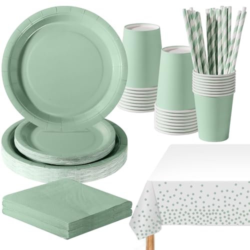 PYAILI 121 Piezas Verde Hierba Vajilla Fiesta Cumpleaños, Platos y Vaso Cumpleaños Infantil, Set de Party Decoración Platos Servilletas para Navidad, Barbacoas, Fiestas -24 Invitado