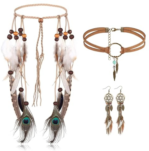 Bluelves 3PCS Conjunto Diadema India Plumas, Feather Headpiece India, Pendientes Atrapasueños Colgante, Gota de Pluma Collar de cuero, Bohemio Tribal Regalo de Joyería