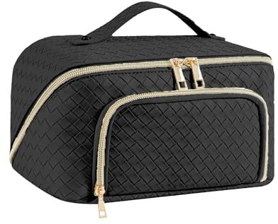 Groß Kosmetiktasche Schminktasche wasserdichte PU-Leder Reise Make-up-Tasche mit Große Weit Offener Tasche für Damen Frauen (Vintage-Schwarz)