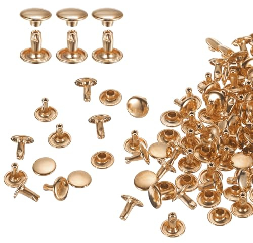 QUARKZMAN 100 set med dubbel huva lädernitar, 9 x 8 mm rund huva tubulära nitar metall för bearbetning av läderbälte tyg krage väska reparation dekoration, ljust guld