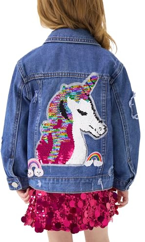 Miipat Veste en Jean Fille Paillettes Patchs Boutons Denim Blousons avec Poche Manches Longues Enfant Manteau en Jean Fille Vetement pour Enfants