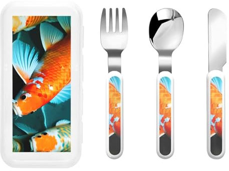 Set di utensili da viaggio con stampa di pesce koi, con custodia, forchetta, cucchiaio, coltello, cucchiaio ergonomico per destrorsi
