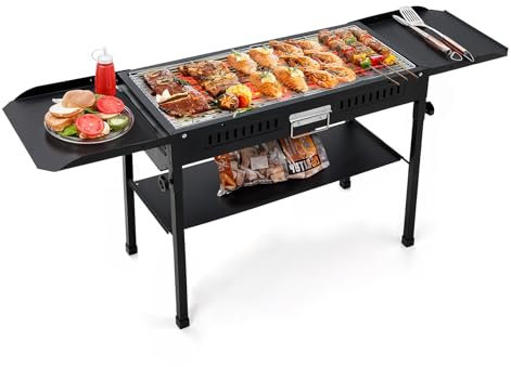 Warmiehomy Barbecue Grill, Portable Charcoal BBQ Grill, Lightweight Stainless Steel Barbecue Grill, Folding Side Tables & Detachable Legs, Outdoor Charcoal BBQ for Camping, Picnic, Garden (Black)