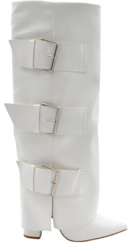 Stivali Donna Bianco a Punta al Ginocchio con para Risvolto Modello Shark Tacco 12 cm e con Fibbie Argento Moda (41 EU)