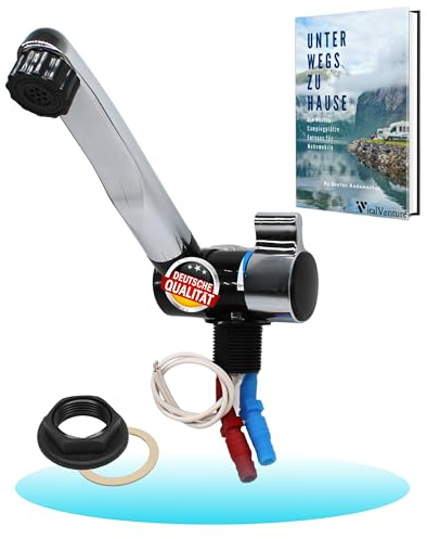 Comet Robinet de camping 12V London pour caravane - Avec 2 raccords (chaud et froid), noir/chrome, robinet compact avec pompe, idéal pour lavabo