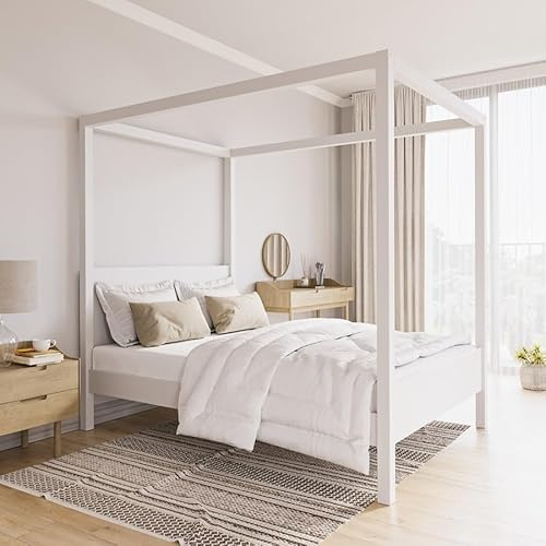 Luvon Victoria White Four Poster Bed Frame – Double Size – Solid Pine – Painted Finish – Classic Canopy Design – Slatted Wooden Base