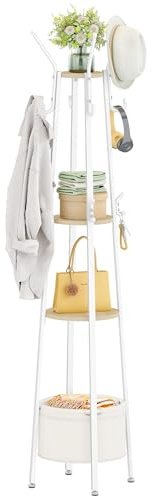 Hzuaneri Perchero, perchero de pie con 3 Estantes, 16 Ganchos, 1 Cesta, 33 x 33 x 182,5 cm, para Bufandas, Bolsos, Sombreros, para Entrada, Salón, Dormitorio, Blanco CR27316W