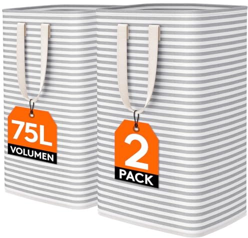 Lifewit Cesto Ropa Sucia, Cesta Ropa Sucia Impermeable con Asas Extendidas, Laundry Basket, Cubo Ropa Sucia Plegable, Bolsa Ropa Sucia para Baño, Dormitorio, Lavadero, 75L, Gris, Paquete de 2