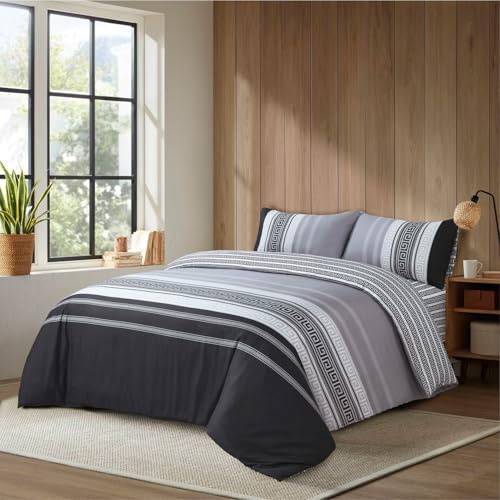 Hadi London Luxury 4 Piece Bedding Set – Duvet Cover, Fitted Sheet & 2 Pillowcases | Wrinkle-Free, Fade Resistant – Floral & Check Designs (DOUBLE, Greek Black Grey)