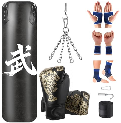 Kit sac de frappe suspendu, sac de frappe rempli pour adultes et enfants, sac de boxe de 120 cm pour la maison avec gants de boxe, bandages, chaîne, crochet de plafond, sacs de frappe lourds, sac de