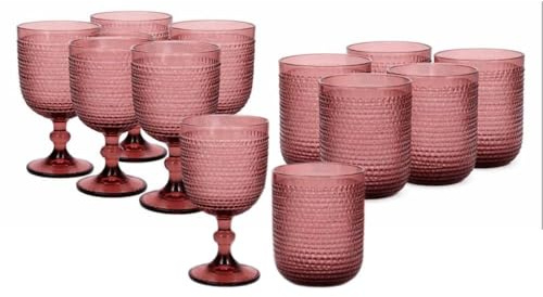 cecaro group – Set Bicchieri e Calici in Vetro Colorato - 6 Bicchieri da 260 ml + 6 Calici da 350 ml - Vetro Colorato (Rosa)