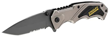 STANLEY Fmht0-10311 Couteau 80Mm, Argent Gamme FATMAX - Garde-Fou Pour La Sécurité- Lame En Acier Inoxydable Bords Droits Et Dentelés - Poignée Ergonomique - Ouverture Une Main - Clip Ceinture