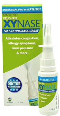 Xynase® Nasal Spray with Xylitol (0.75 fl oz) - All Natural Saline Gentle Relief for Congestion, Allergies, and Sinus Pressure, Safe for All Ages
