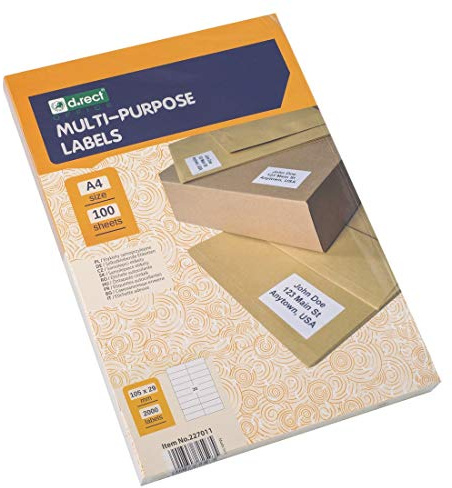 D.RECT Etiquetas adhesivas universales (105 x 29 mm en DIN A4), imprimibles, 100 hojas/paquete de 20 etiquetas/hoja, 2000 unidades, color blanco