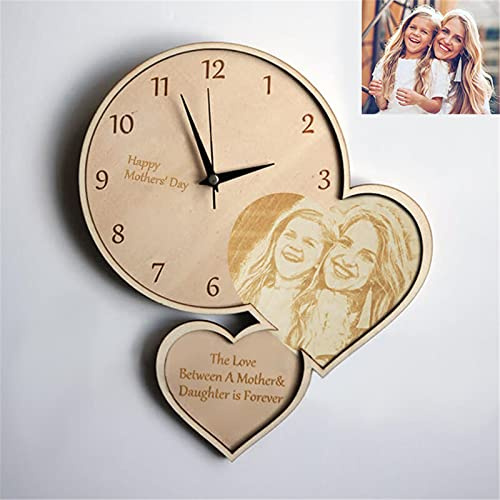 Coudf Photo Personnalisée Horloge Murale Nom Personnalisé Horloge en Bois avec Support Unique Chambre Art Décor Horloge Personnalisée Cadre Photo Cadeau Fête des Pères Anniversaire Photo Cadeau