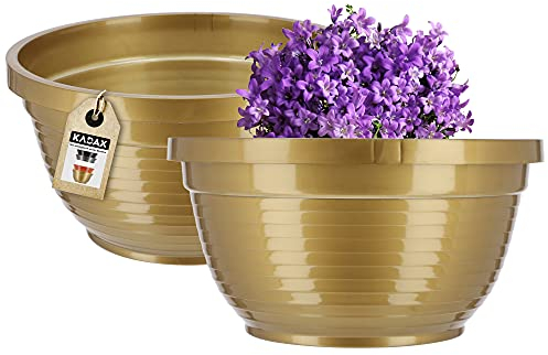 KADAX Cuenco de plástico, cuenco redondo para flores, resistente a la intemperie, para exteriores, cuenco para tumba, cuenco ligero para flores, cuenco para plantas (26 cm, dorado)