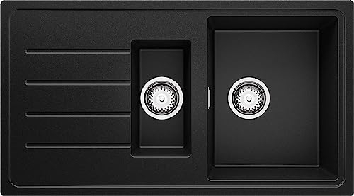 PRIMAGRAN Evier Cuisine en Granit Noir 90x50cm, Lavabo 1,5 bacs + Kit de Vidage, Évier à Encastrer au meuble 60cm - Copenhague Duo