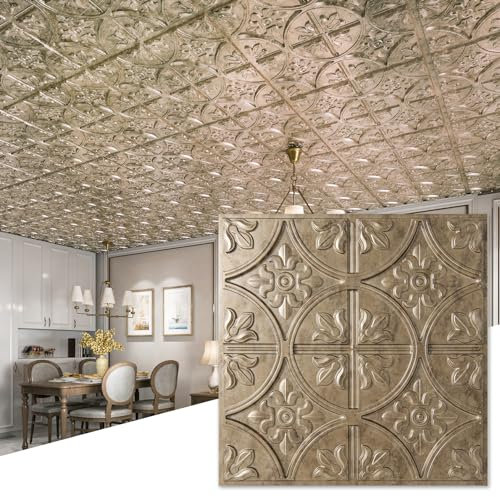 Art3d Pack of 12 Drop Ceiling Tiles 2x2, Glue-up Ceiling Panel, Suspended Ceilings Tiles Fancy Classic Style Antique Gold