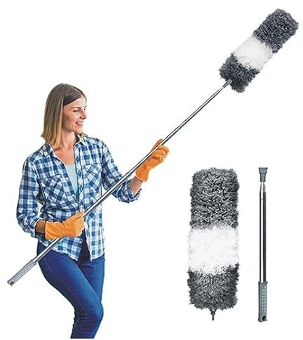 2025 Upgraded Microfiber Feather Duster for Cleaning Extendable 110 Inches Long for High Ceilings Home Furniture Car Telescopic Pole Feather Dusters Telescopic Duster Extendable duster (White & Grey)